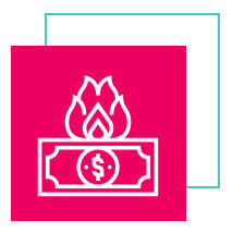 Ícone de uma nota de dinheiro pegando fogo com bordas brancas dentro de um quadrado na cor rosa