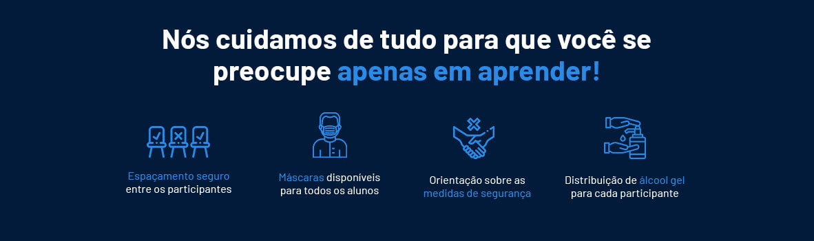 Texto 'Nós cuidamos de tudo para que você se preocupe apenas em aprender'; fundo azul; ícones abaixo