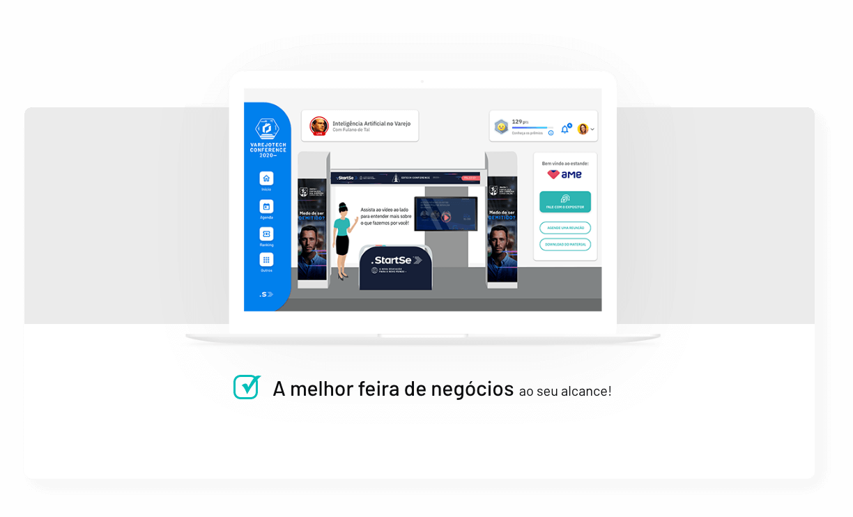 Imagem de um MacBook branco com texto 'A Melhor Feira de Negócios'